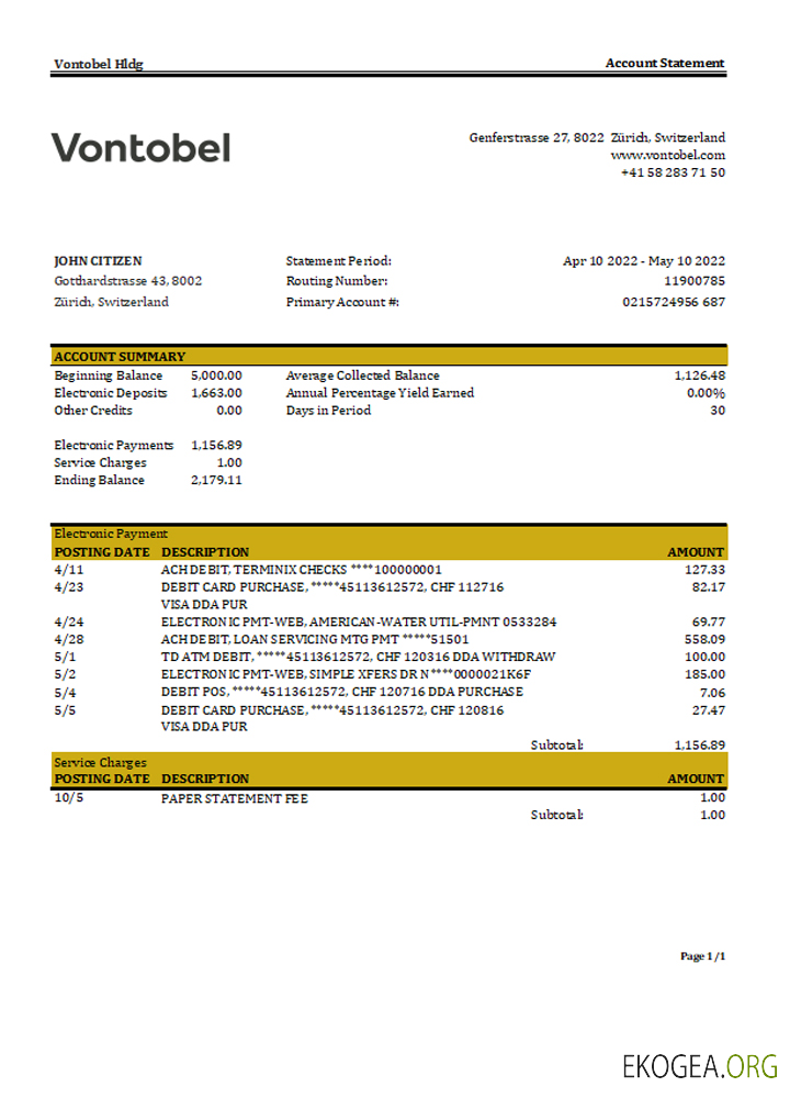 Relevé bancaire Suisse Vontobel, modèle Excel et PDF